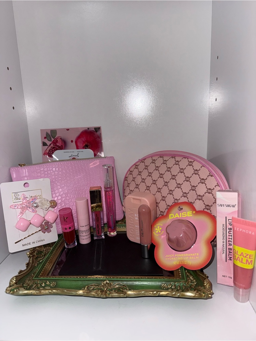 Pink Cosmetic Bag Set with Lip Balms and Accessories